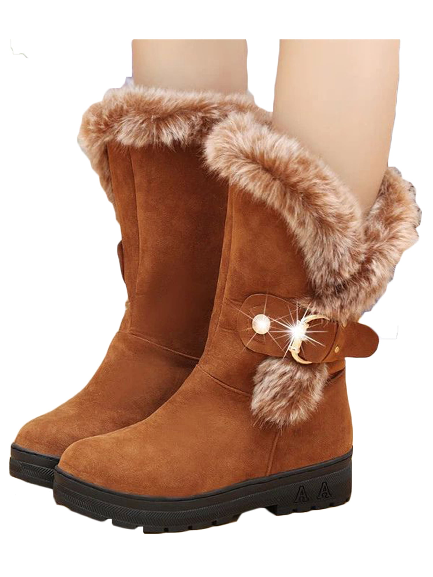 Womens Fur Lined Chunky Block Heel Buckle Suede Leather Winter Biker Ankle Boots