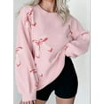 thumbnail image 3 of Womens Oversized Cute Bow- Tie Sweater Spring Cozy Chunky Ribbed Knit Crewneck Long Sleeve Pullover Tops Pink L, 3 of 7