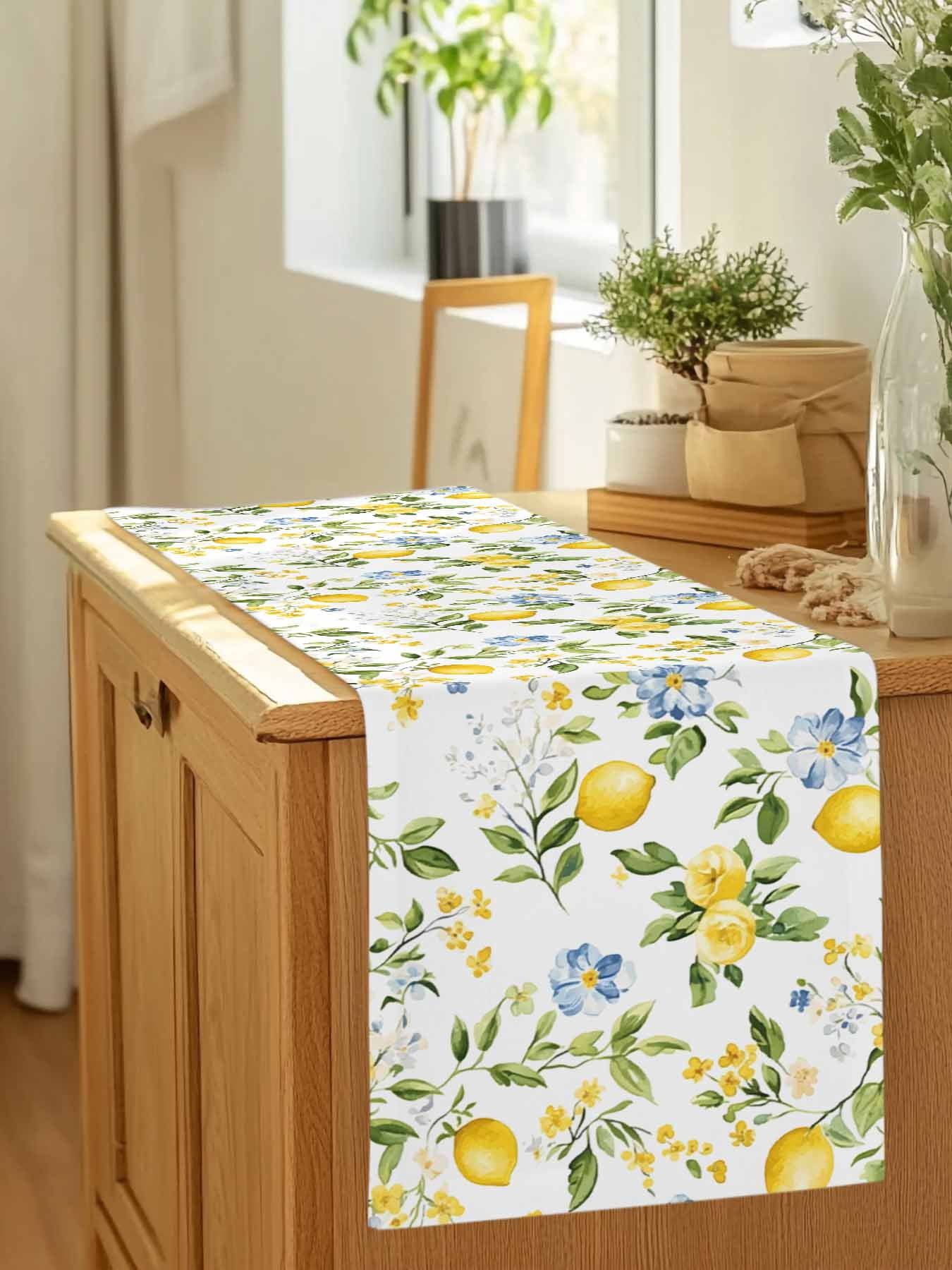 Summer Lemon Green Leaves Table Runner 90 Inches Long, Blue Flower on White Table Runners Tabletop Scarf Kitchen Dining Tables Decoration for Home Party Indoor Outdoor