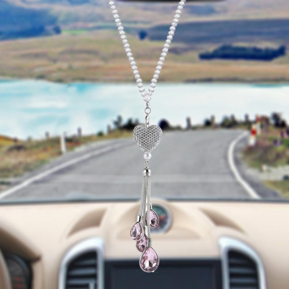 Lucky Hanging Interior Ornament Pendant Blue Bling Heart Diamond Car Accessories Crystal Car Rear View Mirror Charms Car Decoration Decor 