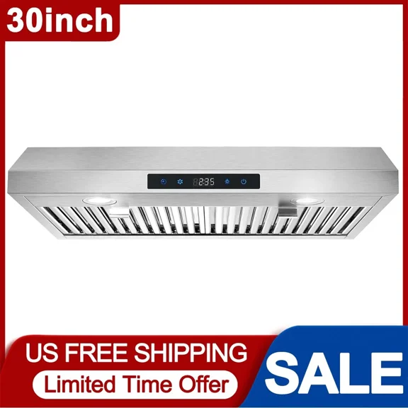 Under Cabinet Range Hood 30 inch Stainless Steel Kitchen Hood 600 CFM Stove Filter Touch Control LED Lights Ductless Range Hoods with Touch Control,3-Venting Kitchen hood,Stainless Steel Vent Hood,