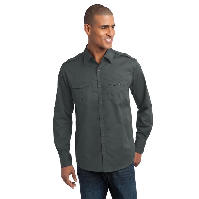 Camisa de sarga con mangas enrolladas resistente a las manchas de Port Authority®. S649 Gris acero L Autoridad Portuaria S649