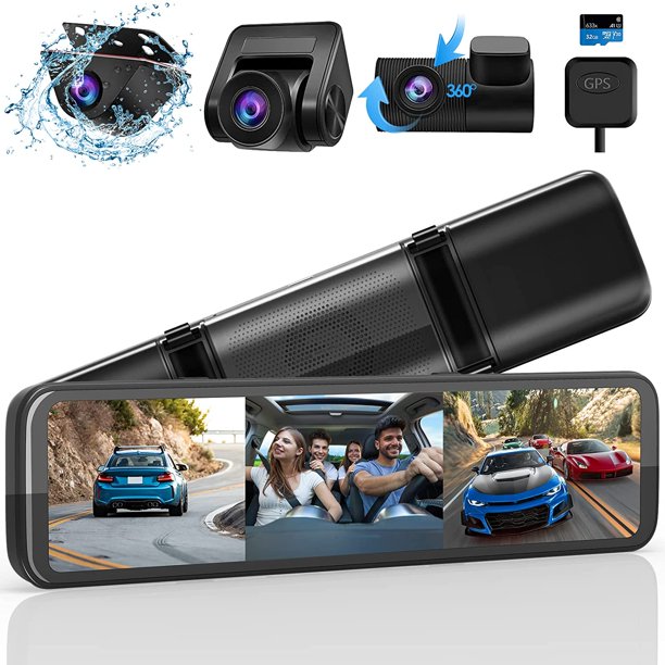 WOLFBOX 3 Channel Mirror Dash Cam, 12" IPS Touch Screen Rear View