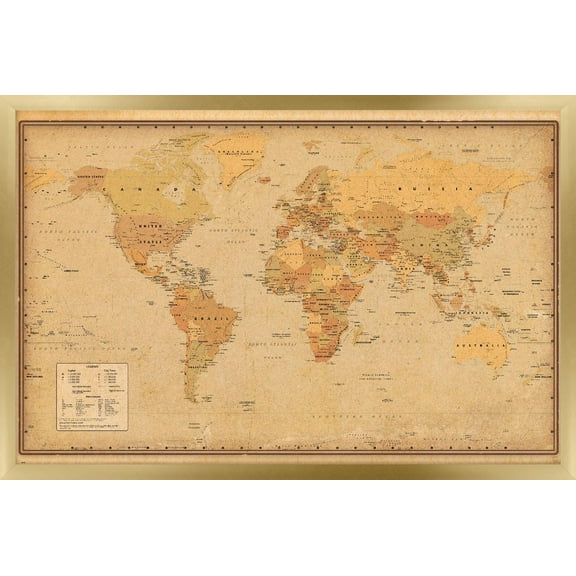 Antique World Map 2023 Wall Poster, 22.375" x 34" Framed