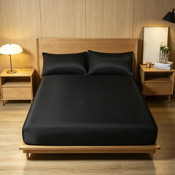 AuroraX Black Bed Sheets Ice Silk King Size Fitted Sheets Cooling,Deep Pockets Sold Separately Double Bed Sheet for Residential Summer