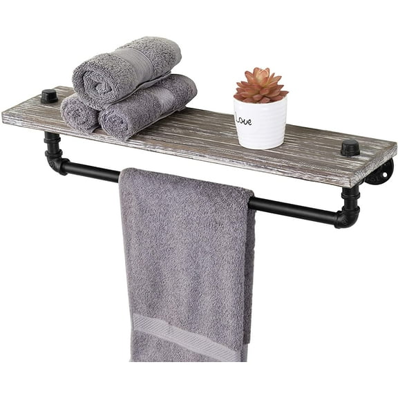 MyGift Rustic Brown Wood Wall Mounted Shelf with Towel Bar, Industrial Style