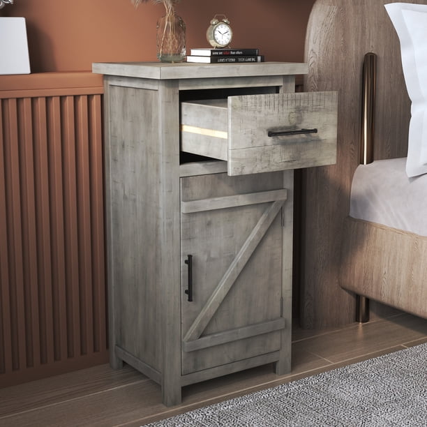 Modern Farmhouse Tall Nightstand, New Upgraded Solid Pine Wood Bedside Table with Sliding Drawer ...