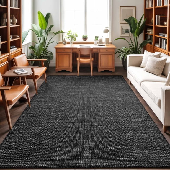 Vintage Black Washable Area Rug 4 x 6 ft Linen Texture Farmhouse Soft Non Slip Rugs Stain Repellent Indoor Felt Carpet for Living Dining Room Bedroom Home Office