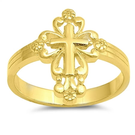 CHOOSE YOUR COLOR Gold-Tone Victorian Cross Christian Ring New 925 Sterling Silver
