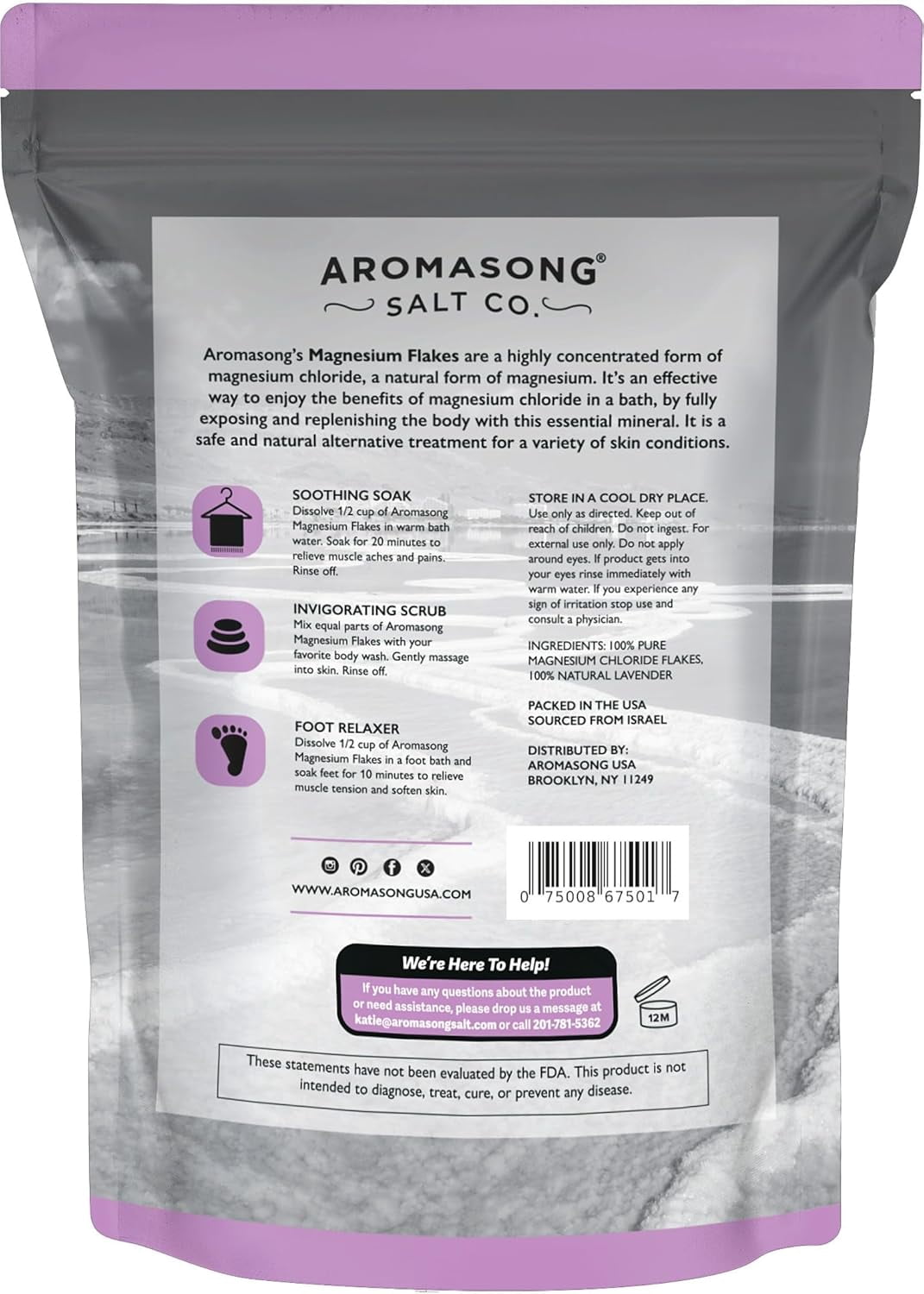 Aromasong RAW Magnesium Bath Flakes with 100% Natural Lavender, 12 Lb. Bulk Muscle Relaxing Organic Salts Mg Chloride, Mineral Soak Salt.