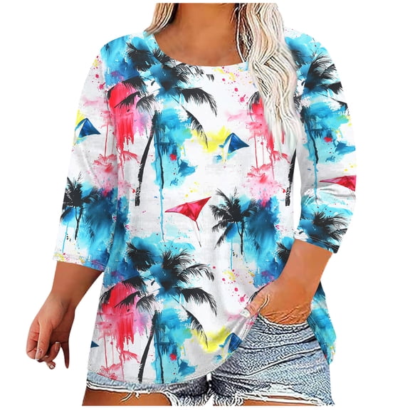 Jsaierl Womens 3/4 Length Sleeve Plus Size Tops Summer Crew Neck Shirts Boho Graphic Ladies Blouses Soft Cotton Tunic Top L-5XL