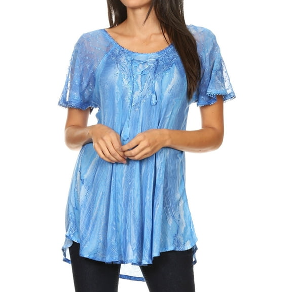 Sakkas Aline Women's Short Sleeve Casual Light Loose Scoop Neck Top Blouse Shirt - Sky Blue - One Size Regular