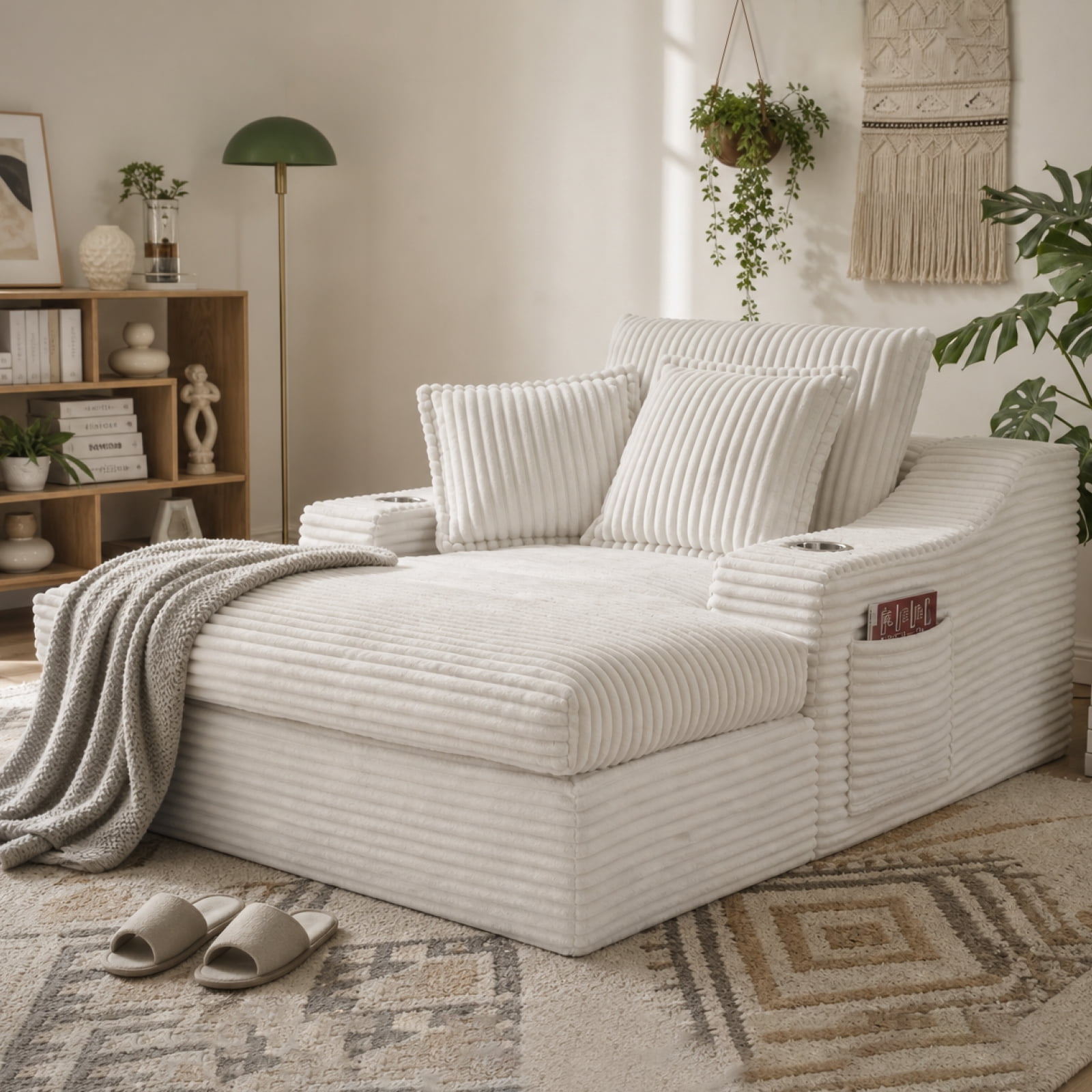 47" Wide Oversized Single Chaise Lounge Chair, 67'' Sleeper Sofa Bed with Cup Holders & 3 Pillows