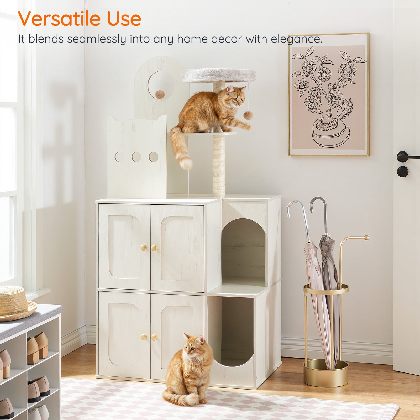 Cat Tree with Litter Box Enclosure, Hidden Double Cat Litter Box Enclosure Furniture, Modern Cat Tree with 2 Dangling Balls and 2 Sisal Scratching Posts for 2 Cats, White WH27MZ03