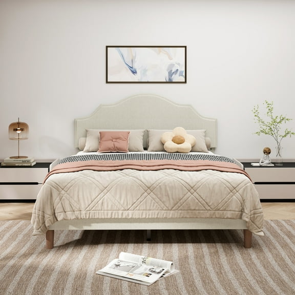 Noble House Queen Size Platform Bed, Linen Upholstered with Adjustable Headboard, Modern Simple Style, Beige