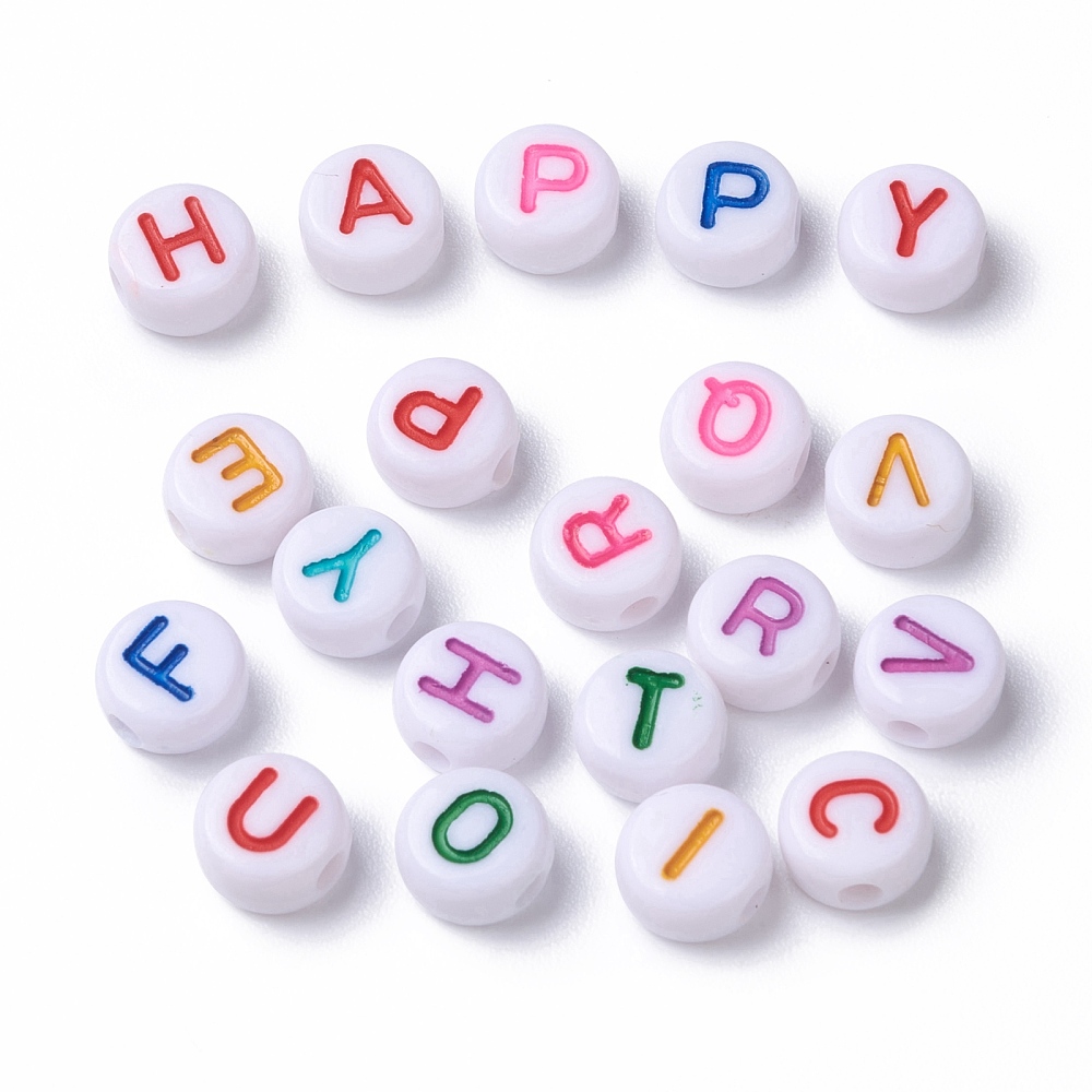 Opaque White Acrylic Beads Flat Round with Mixed color Letter Letter 7x3.5mm Hole: 1.2mm about 4000pcs/500g