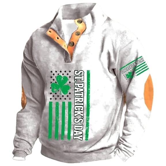 Telankuip Mens St Patricks Day Sweatshirts Quarter Button Stand Collar Long Sleeve Pullover Tops Oversized Retro Shamrock Flag Print Winter Comfy Going out Holiday Sweatshirt 4-White L