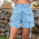 thumbnail image 5 of Pantalones Cortos de Sarga de Tiro Medio y Alto para Mujer, Elásticos, con Bolsillos, para Discotecas Azul S, 5 of 8