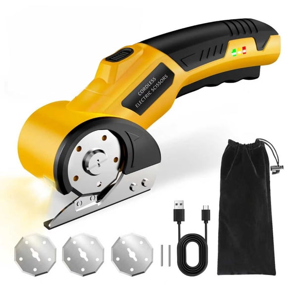Cordless Electric Scissors: 4V Rechargeable Cardboard Cutter, 3 Blades, Safety Lock & LED Light, Box Cutter for Carton Carpet Plastic Fabric Leather(Yellow）
