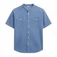 thumbnail image 4 of Hesxuno Men Fashion Button Down Shirts Mandarin Collar Denim Short Sleeve Shirt Loose Fit Western Work Tops Casual Stretchy Cowboy Blouses with Pockets Light Blue XL, 4 of 5