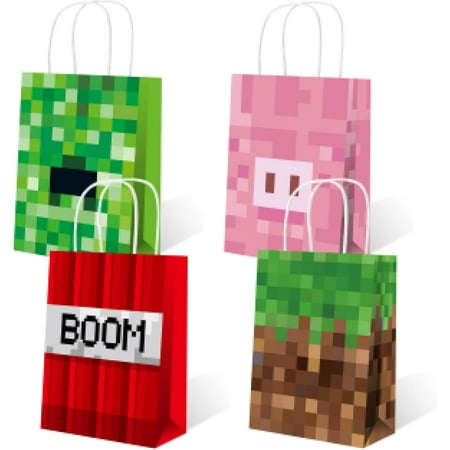 Pixel Minecraft Party Favors Bags - 16 pcs, Happy Birthday Decorations Kids Party Supplies, Mining Video Game Theme Gift bags, Small Treat Candy Goodie Bags with Handles