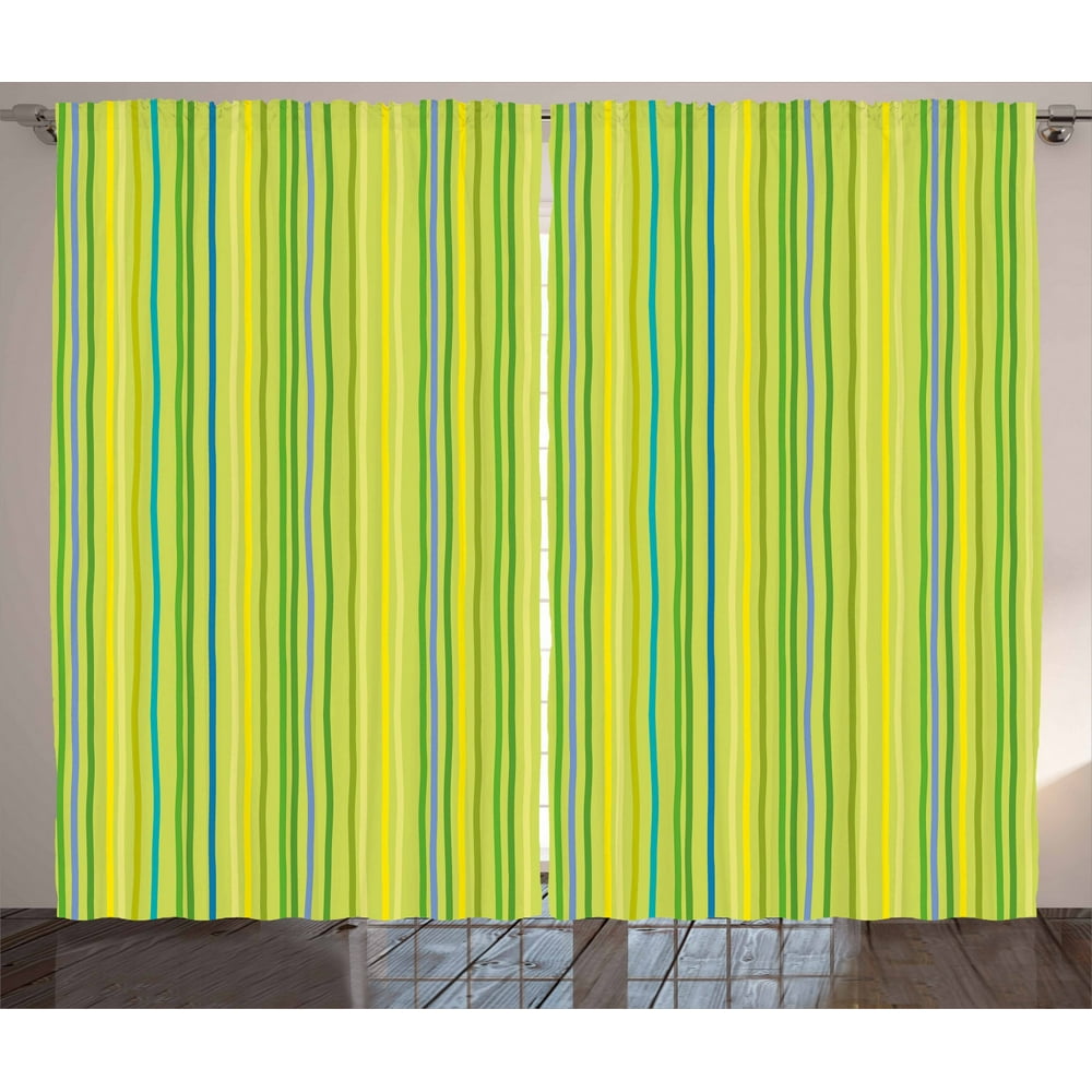 Lime Green Curtains 2 Panels Set, Pastel Toned Vertical Bands Striped