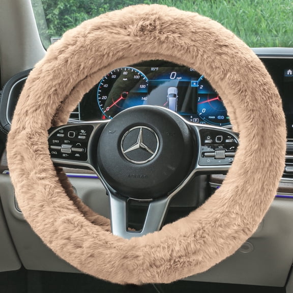 FH Group Cozy Soft Fluffy Fuzzy Universal Fit 14.5"-15.5" Plush Doe16 Faux Fur Steering Wheel Cover for Car, SUV, Van, Truck - Beige