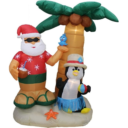 

7 Foot Inflatable Santa Claus & Penguin on an Island w/ Palm Tree