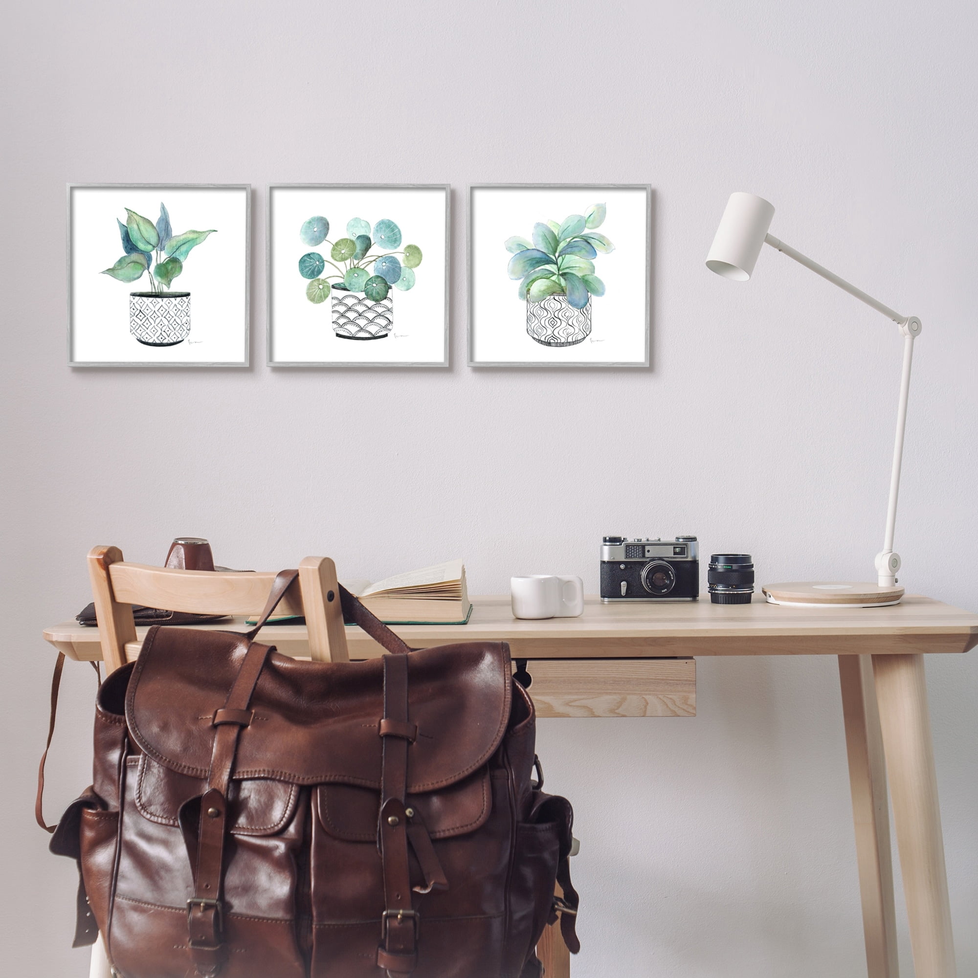 Stupell Industries Patterned Planter Vase Lush Blooming Green Leaves Graphic Art Gray Framed Art Print Wall Art, Set of 3, Design by Tava Studios