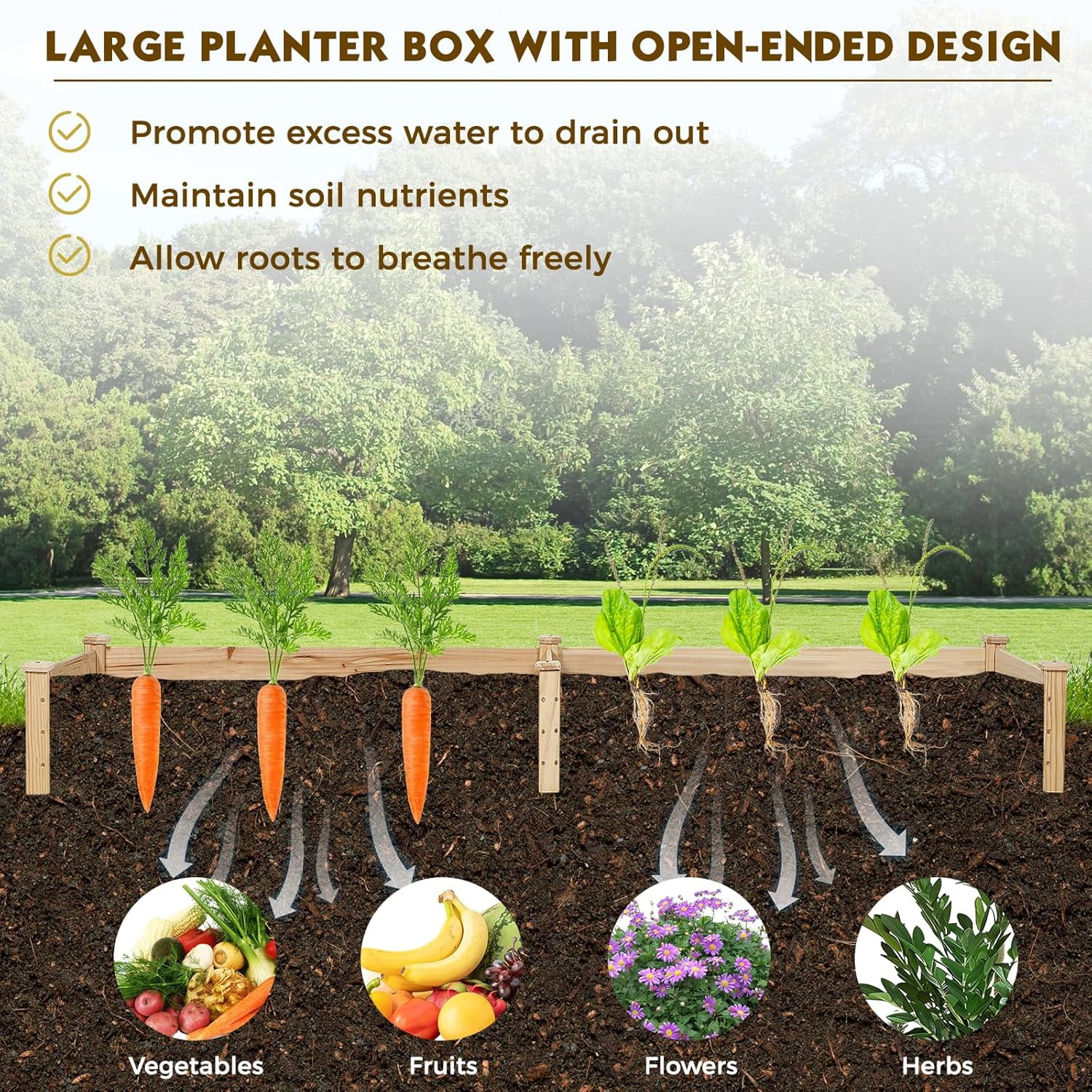 SOLAURA 96" x 24" x 10" Outdoor Wooden Raised Garden Bed Planter for Vegetables, Grass, Lawn, Yard - Natural