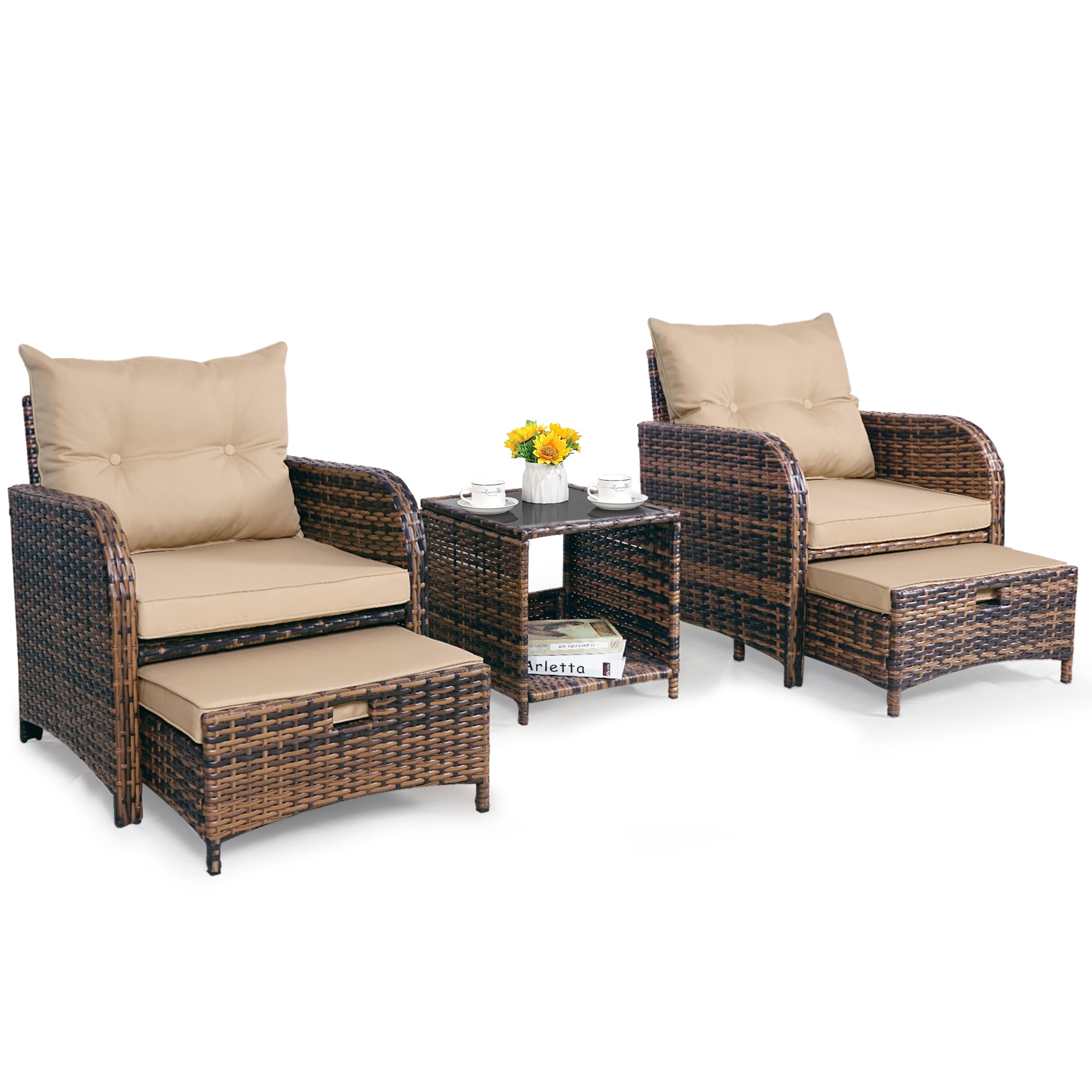 5 Pieces Wicker Outdoor Patio Chairs Set with Ottoman Underneath, Outdoor Chair Set with Ottoman and Table, PE Rattan Patio Conversation Furniture Set with Footrest, Beige