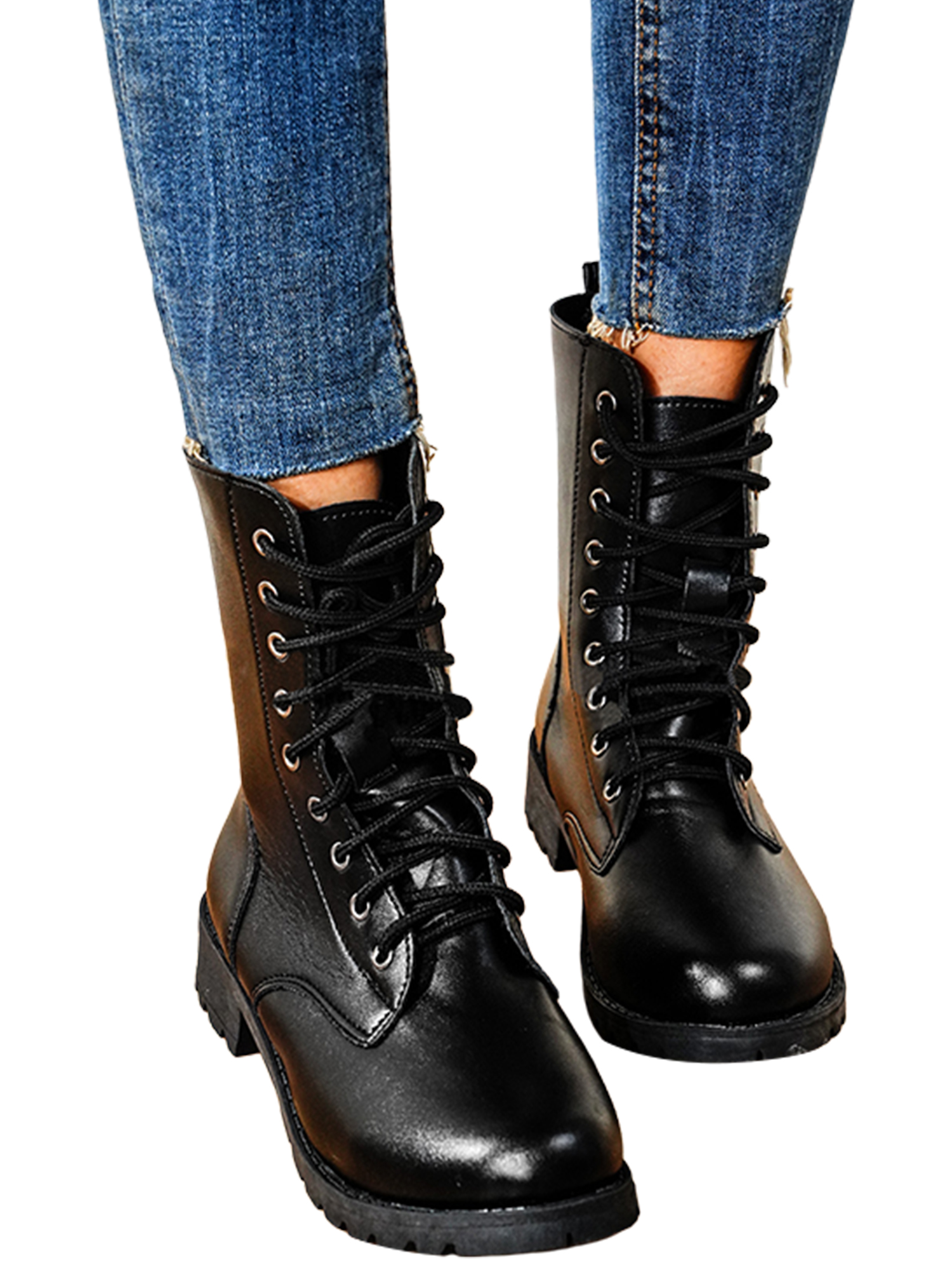 Lumento Winter Boots for Womens Mid Calf Ankle Booties Lace Up Combat