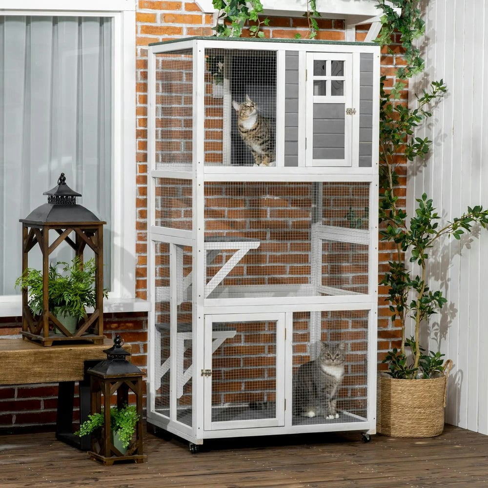 Topcobe 74" Wooden Catio Outdoor Cat House Weatherproof & Wheeled, Outside Cat Enclosure with High Weight Capacity, Kitten Cage Condo, Outside Pet Shelter, Small Animal Habitat, Dark Gray