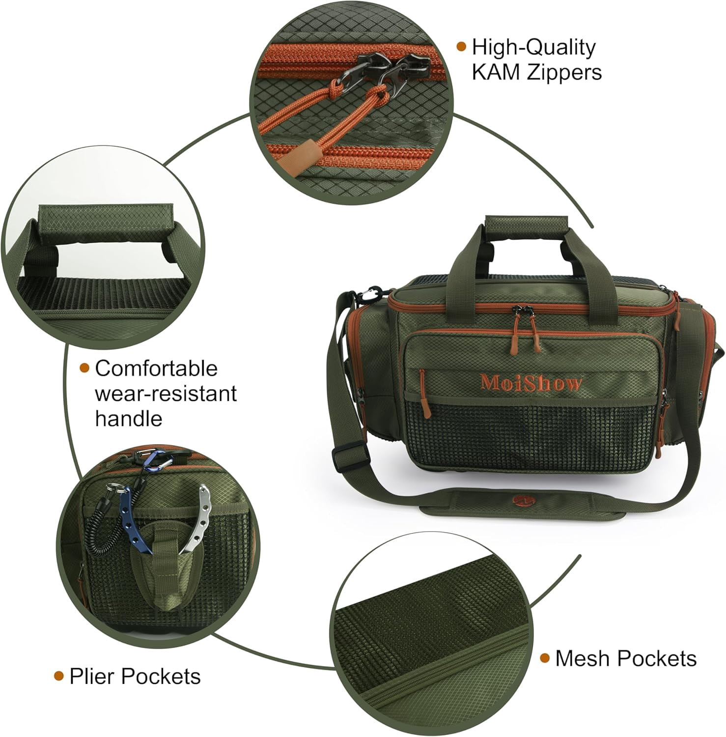 MoiShow Fishing Tackle Box Bag Large Storage for Saltwater Freshwater with Waterproof Bottom and Padded Strap