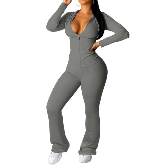 Women 2 Piece Outfits Workout Bodycon Tracksuit Long Sleeve Zip Up Hoodie Jacket Matching Flared Pants Sets Gray 2XL