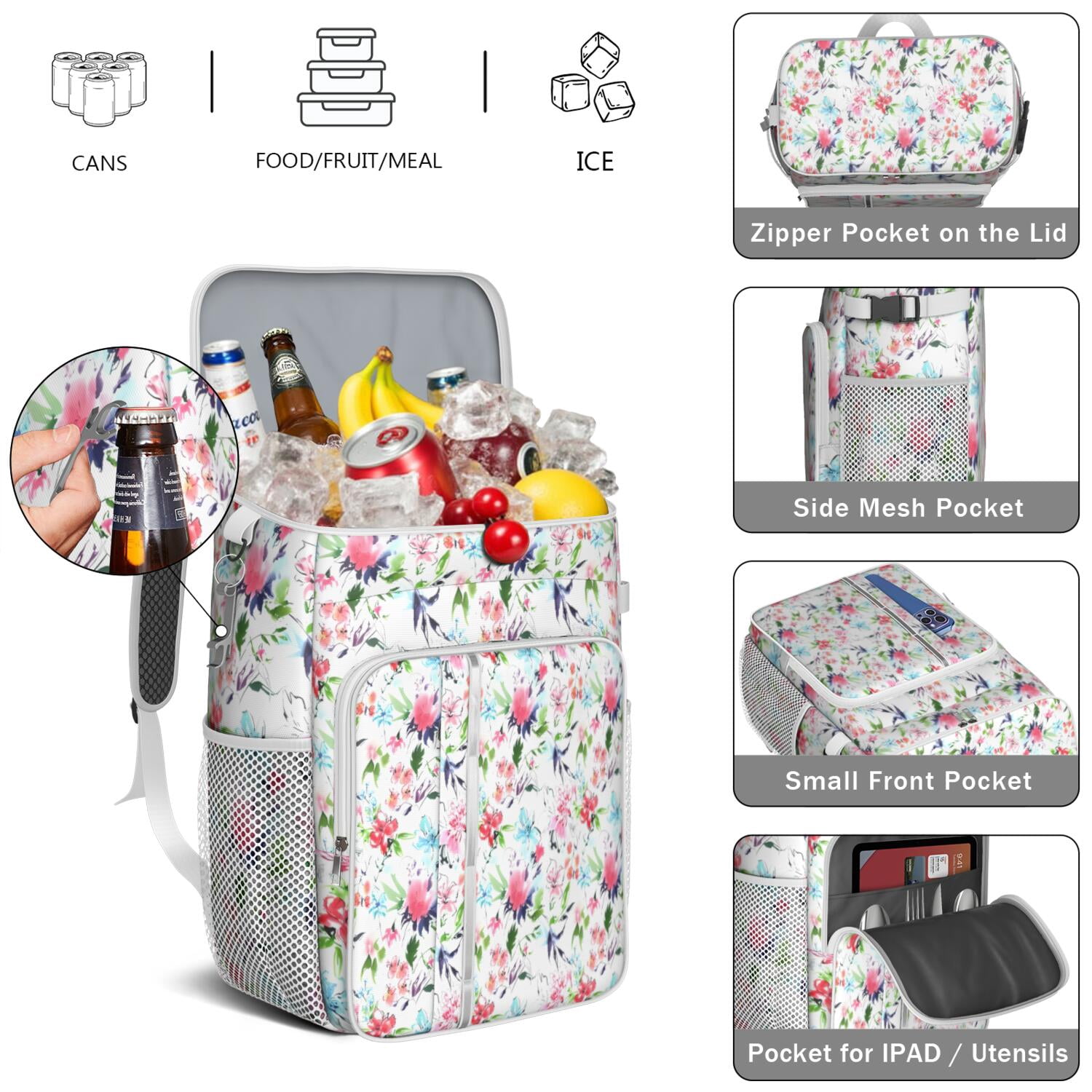 Travel Cooler Bag - Pioneer Flower Floral Print Pattern Camping Beer Cooler Backpack with Bottle Opener- Waterproof Insulated Picnic Backpacks - Cooler Bag for Beach