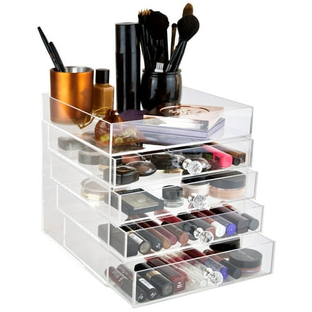 daisi Large 5 Tier Clear Acrylic Cosmetic Makeup Cube Organizer with 4 Easy to Open Drawers, Open Top Compartment Shelf | Large Multi-Function Beauty Products and Jewelry Storage | 9.5 x 9.5 x 9.5