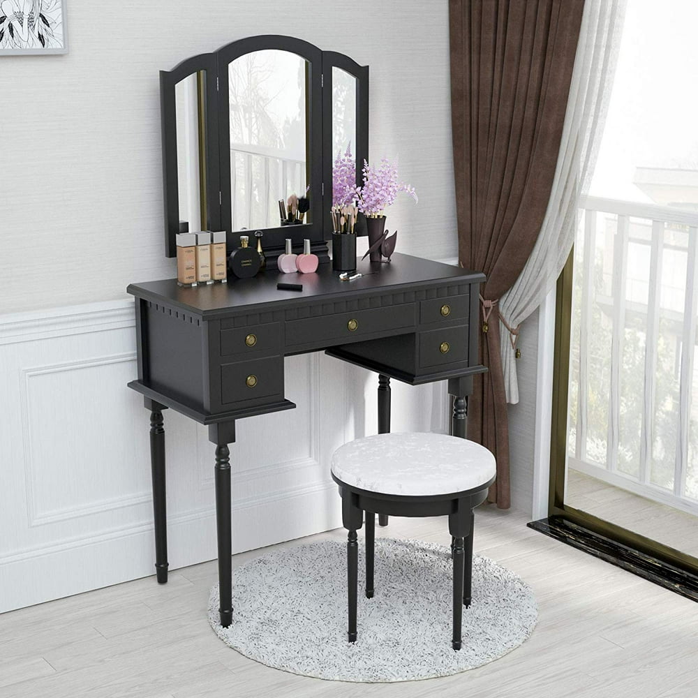 Mecor Vanity Table Set w/TriFolding Mirror,Wood Makeup Table and Round