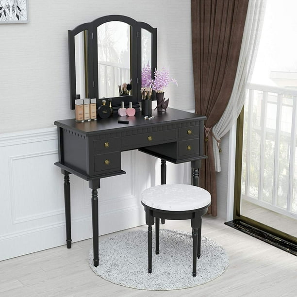 Mecor Vanity Table Set W Tri Folding Mirror Wood Makeup And Round Stool 5 Drawers Storage Girls Women Bedroom Furniture Dressing Black Com Mecor Vanity Table Set W Tri Folding, Mecor Vanity Makeup Table Set