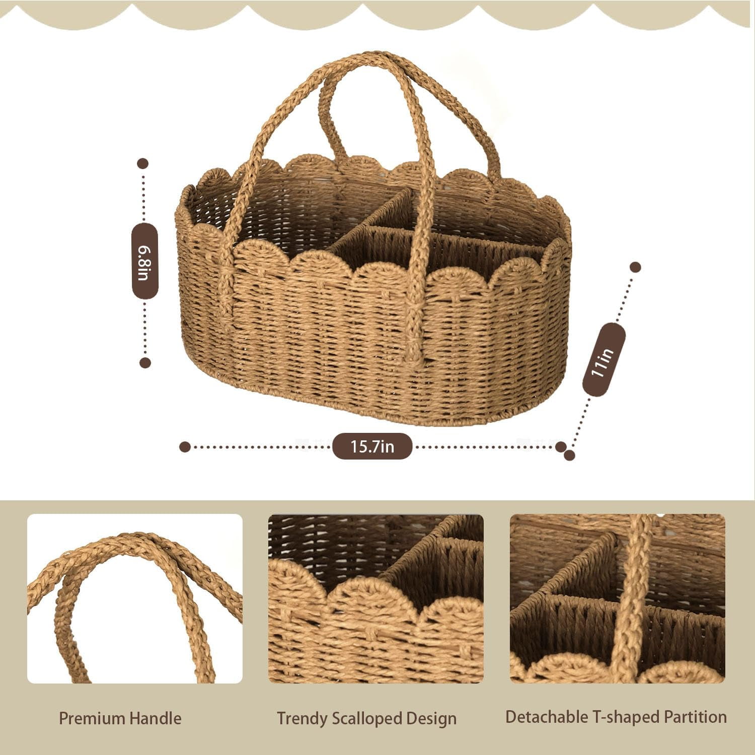 2026 Rattan Diaper Caddy Organizer, Woven Paper Rope Storage Rattan Baskets with Removable Divider, Portable Car Organizer for Diapers, Shower Gifts, Essentials Must Haves