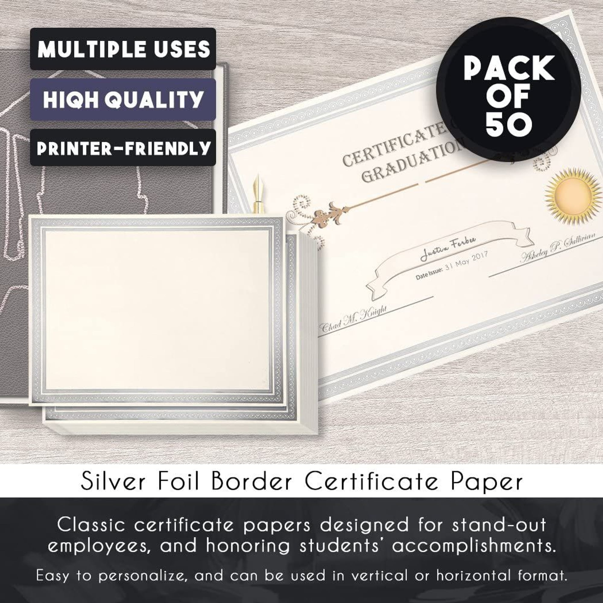 50 Sheets Silver Foil Certificate Paper for Printing - Customizable Blank  Cardstock with Border for Graduation Diploma, Achievement Awards,  Recognition Documents (8.5 x 11 in, White)