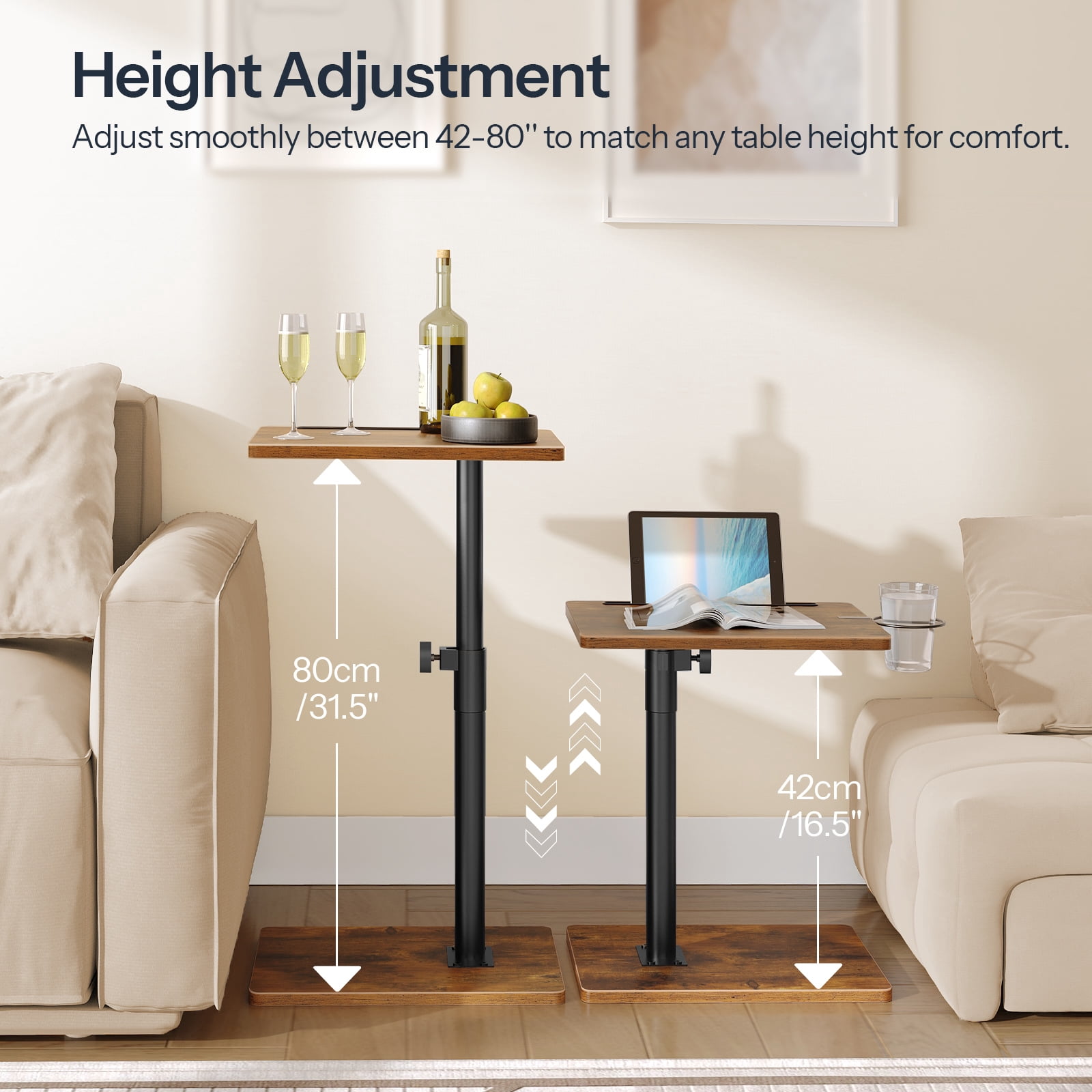 HOOBRO Adjustable C-Shaped TV Tray Table - Height Adjustable 16.5''-31.5'', 360° Swivel End Table with Cup Holder & Device Stand - Perfect for Small Spaces, Living Room, Bedroom ,Rustic Brown