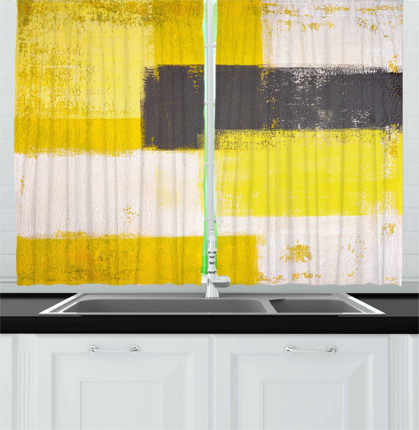 Grey and Yellow Curtains 2 Panels Set, Abstract Grunge Style Brushstrokes Painting Style, Window Drapes for Living Room Bedroom, 55W X 39L Inches, White Charcoal Grey and Pale Yellow, by Ambesonne