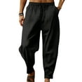 thumbnail image 1 of Tenmix Men's Drawstring Summer Pant Fitted Linen Pants Solid Color Beach Trousers Elastic Waist Bottoms Black L, 1 of 2