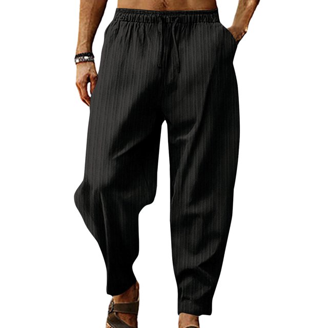 Tenmix Men's Drawstring Summer Pant Fitted Linen Pants Solid Color Beach Trousers Elastic Waist Bottoms Black L