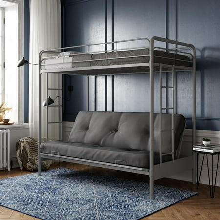 DHP Sammie Twin over Futon Metal Bunk Bed, Silver