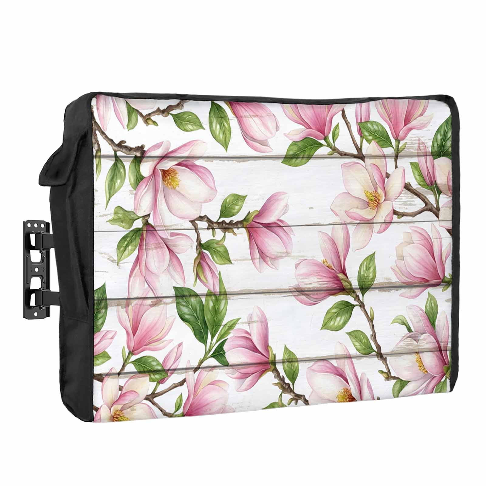 Pink Magnolia Outdoor TV Cover Floral Branches Leaf Botanical White Wood Grain Waterproof Weatherproof TV Screen Protector with Remote Control Pocket for 70 to 75 Inch Television Outside