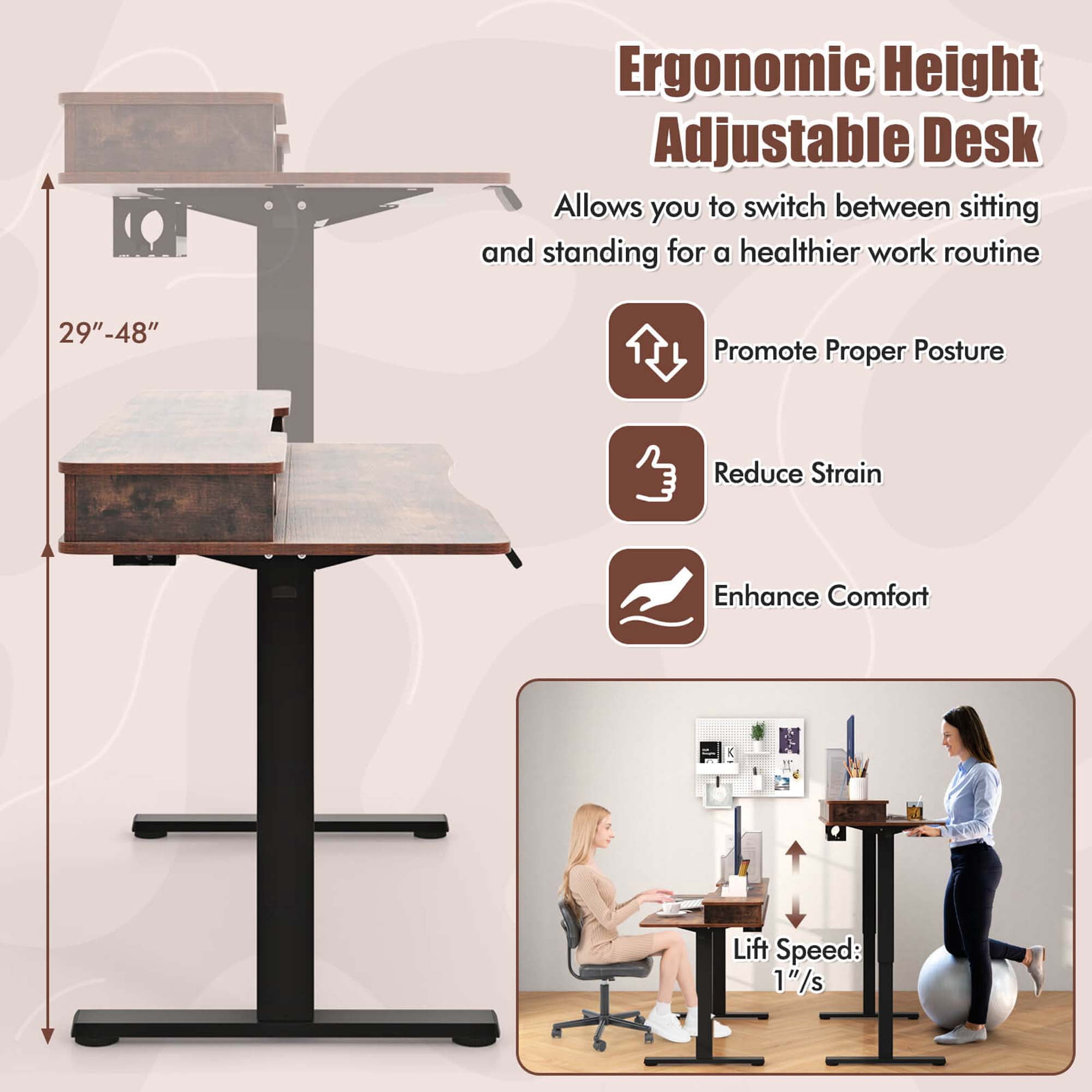 Costway 48"x 24" Electric Standing Desk with 2 Drawers Monitor Stand Storage Shelf Brown