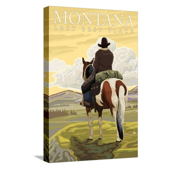 Art.com Montana, Last Best Place, Cowboy on Horseback Stretched Canvas Print Wall Art by Lantern Press, 12" x 18"