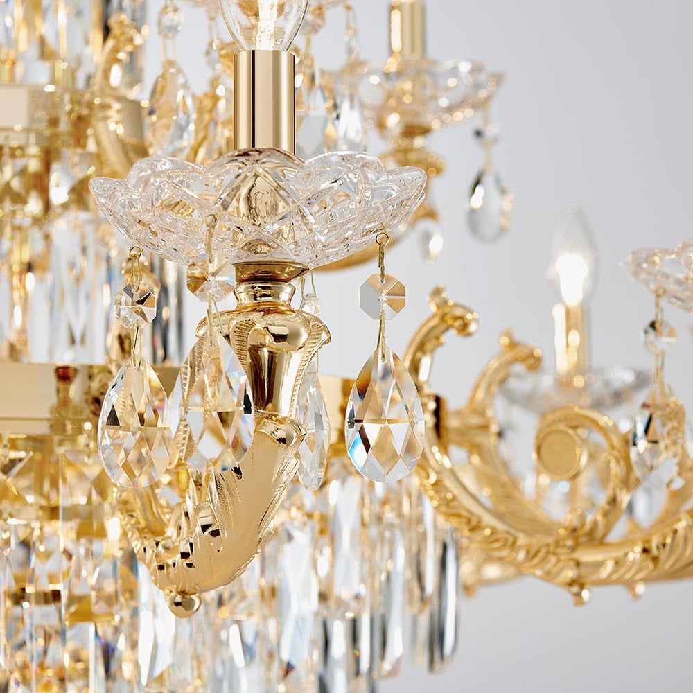 Posiosa Gold Crystal Contemporary Chandelier Foyer Entryway Lighting, 2-Tier Large Foyer Entrance Chandeliers for High Ceiling Big Crystal Chandelier(Dia 40.2 inch 22 Lights)